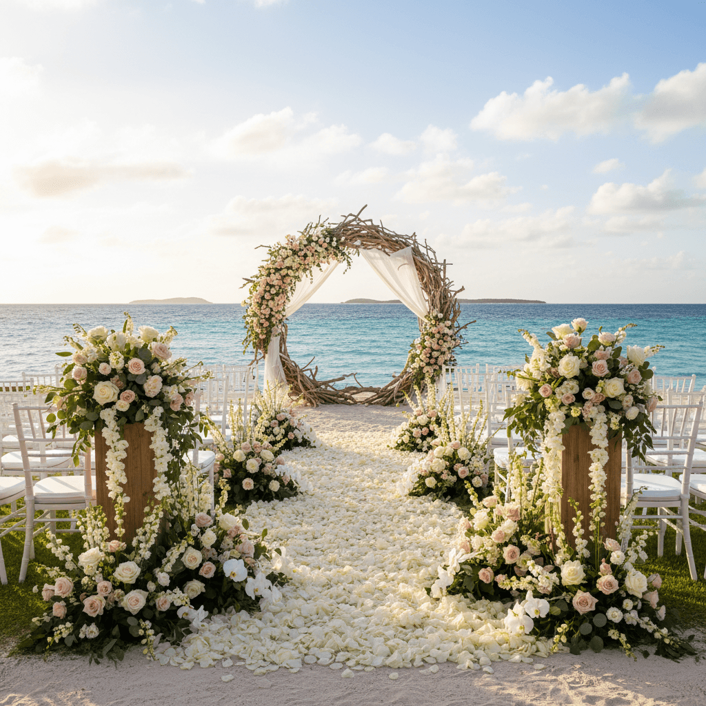 Destination wedding ceremony space beautifully arranged with florals and scenic backdrop