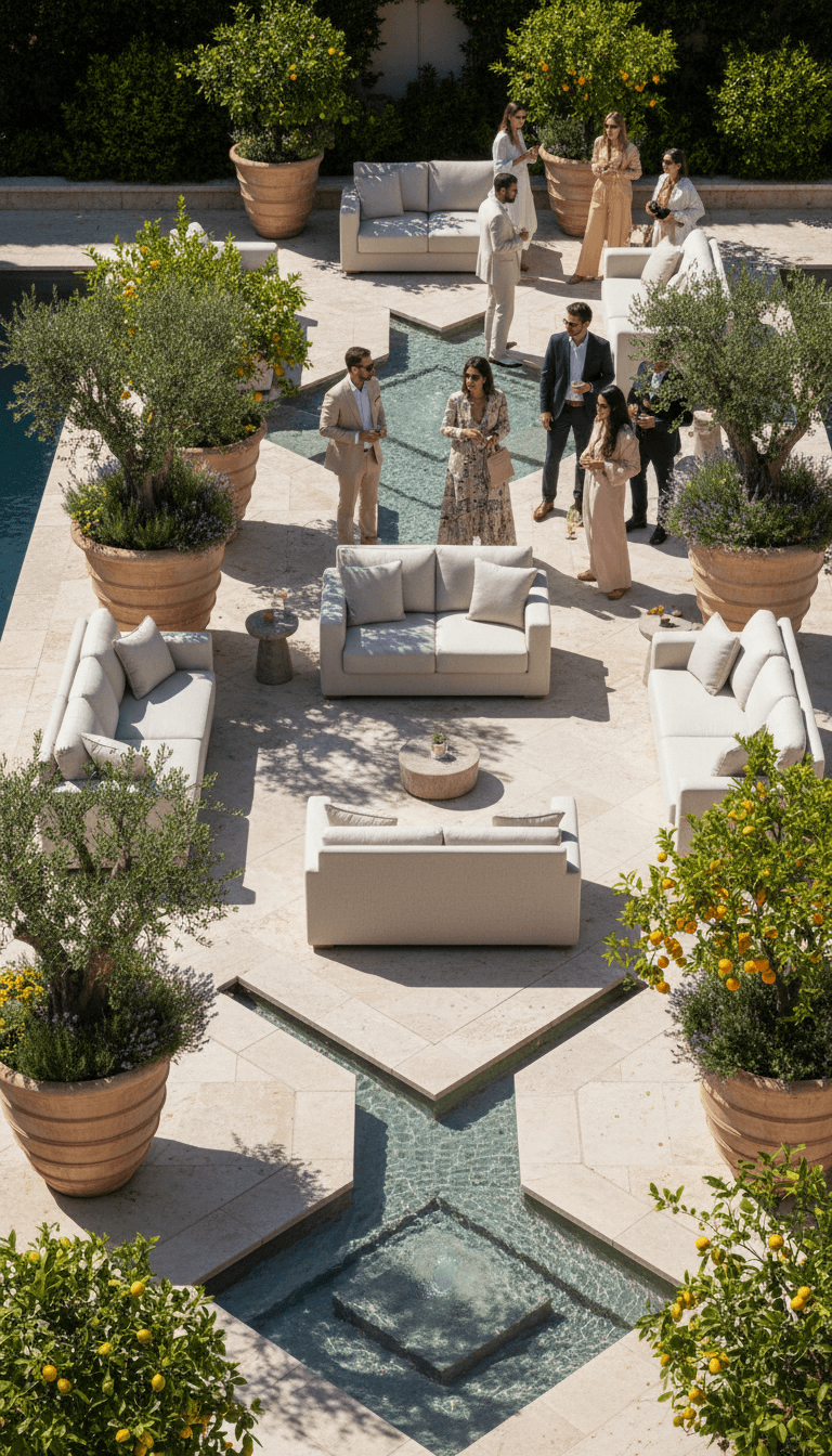 Poolside lounge area with Mediterranean landscaping