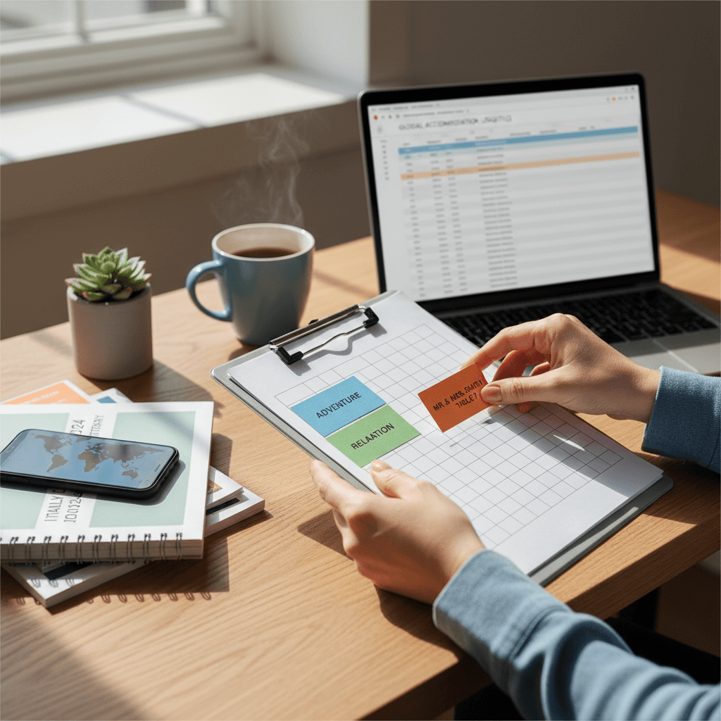 Travel coordinator organizing guest accommodations and seating