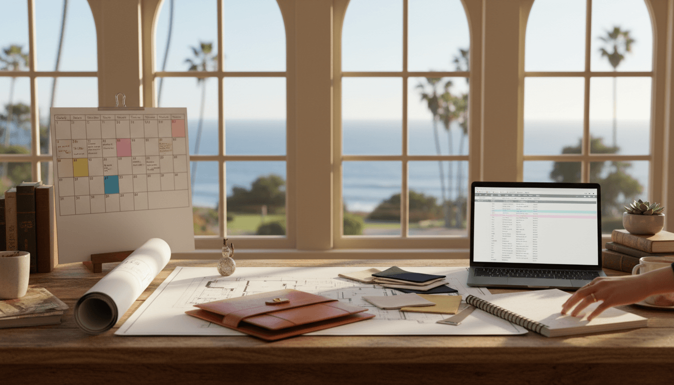Event planner's workspace with venue materials and Santa Barbara ocean view