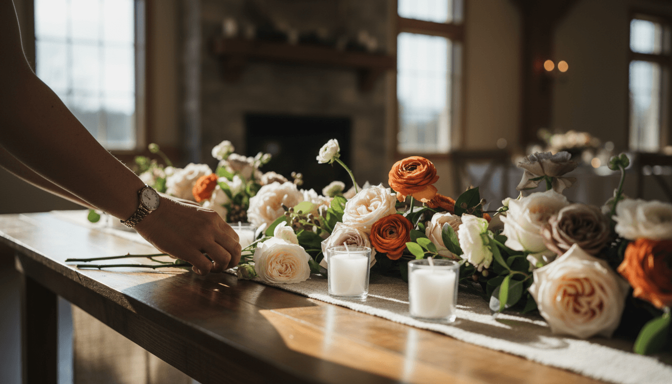 Hands arranging fresh flowers and candles on event table