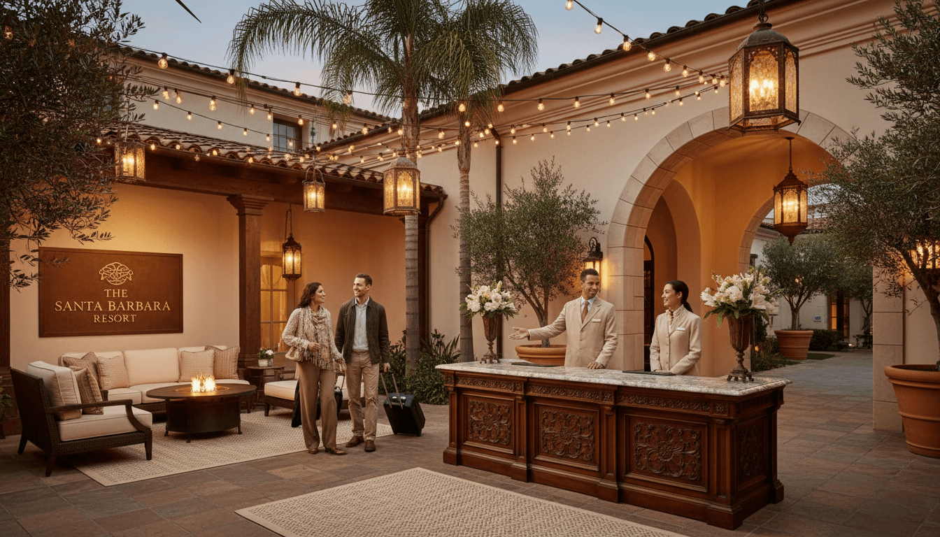 Luxury resort courtyard with welcoming check-in and guest seating areas