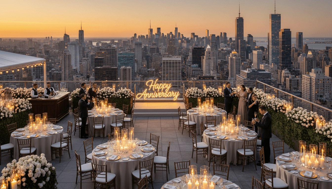 Elegant anniversary party on rooftop with city views
