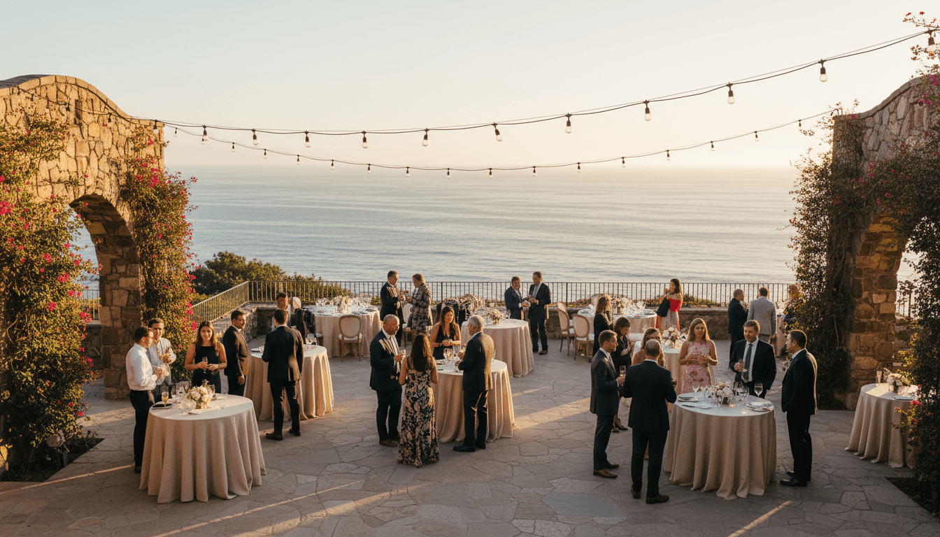 Elegant outdoor wedding reception on Santa Barbara cliffside overlooking the ocean at sunset