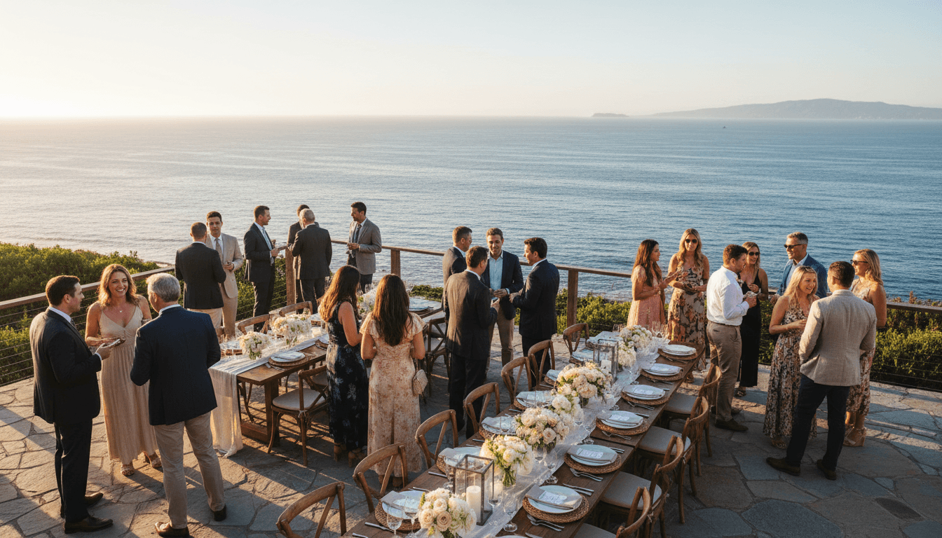 Guests enjoying an elegant gathering on a Santa Barbara coastal terrace at sunset