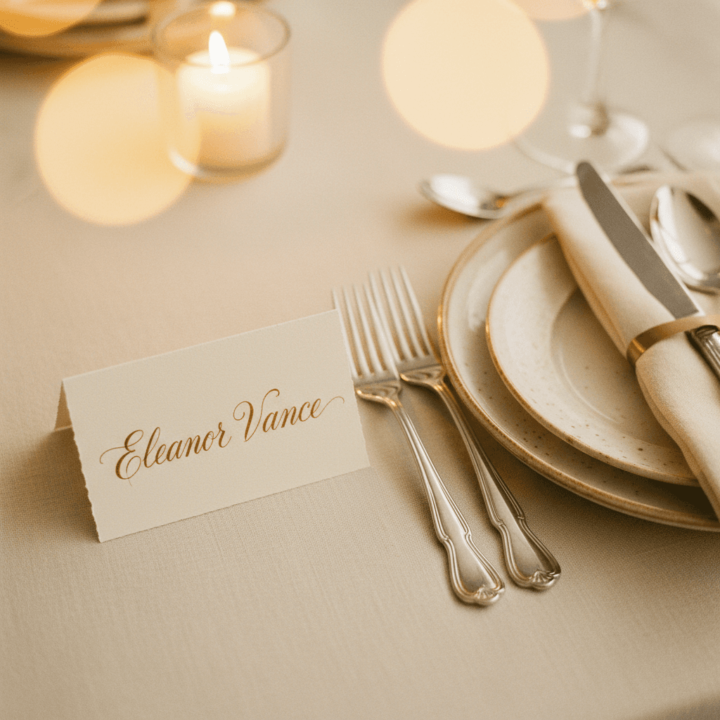 Handwritten guest place card with elegant calligraphy at a formal table setting