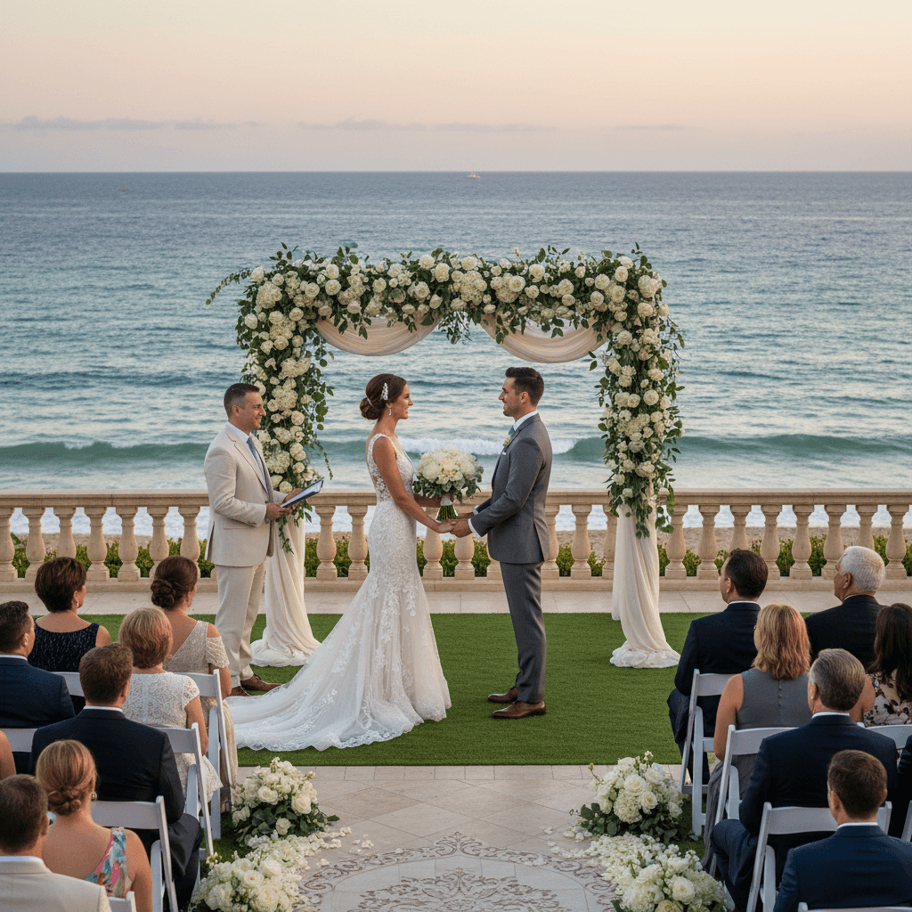 Couple exchanging vows at a scenic destination wedding
