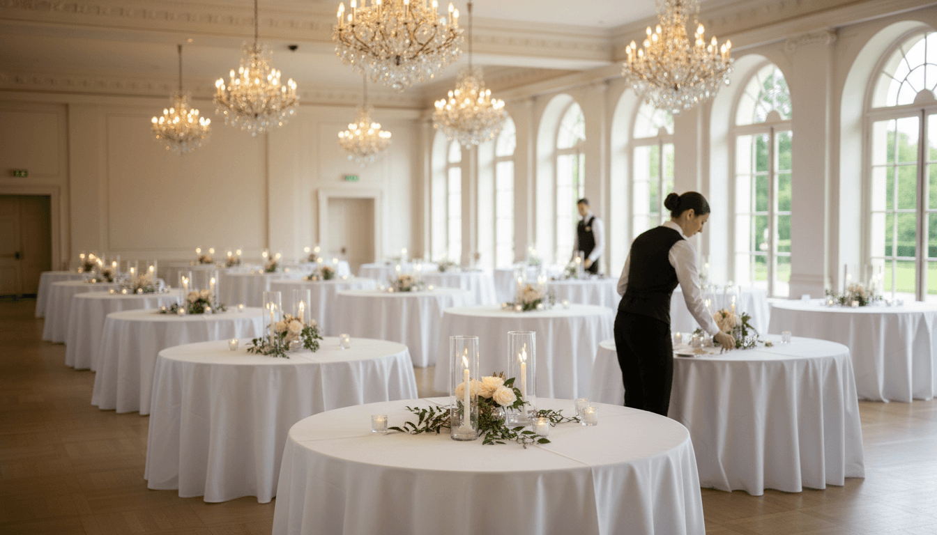 Elegant ballroom with round tables and classical chandeliers ready for event