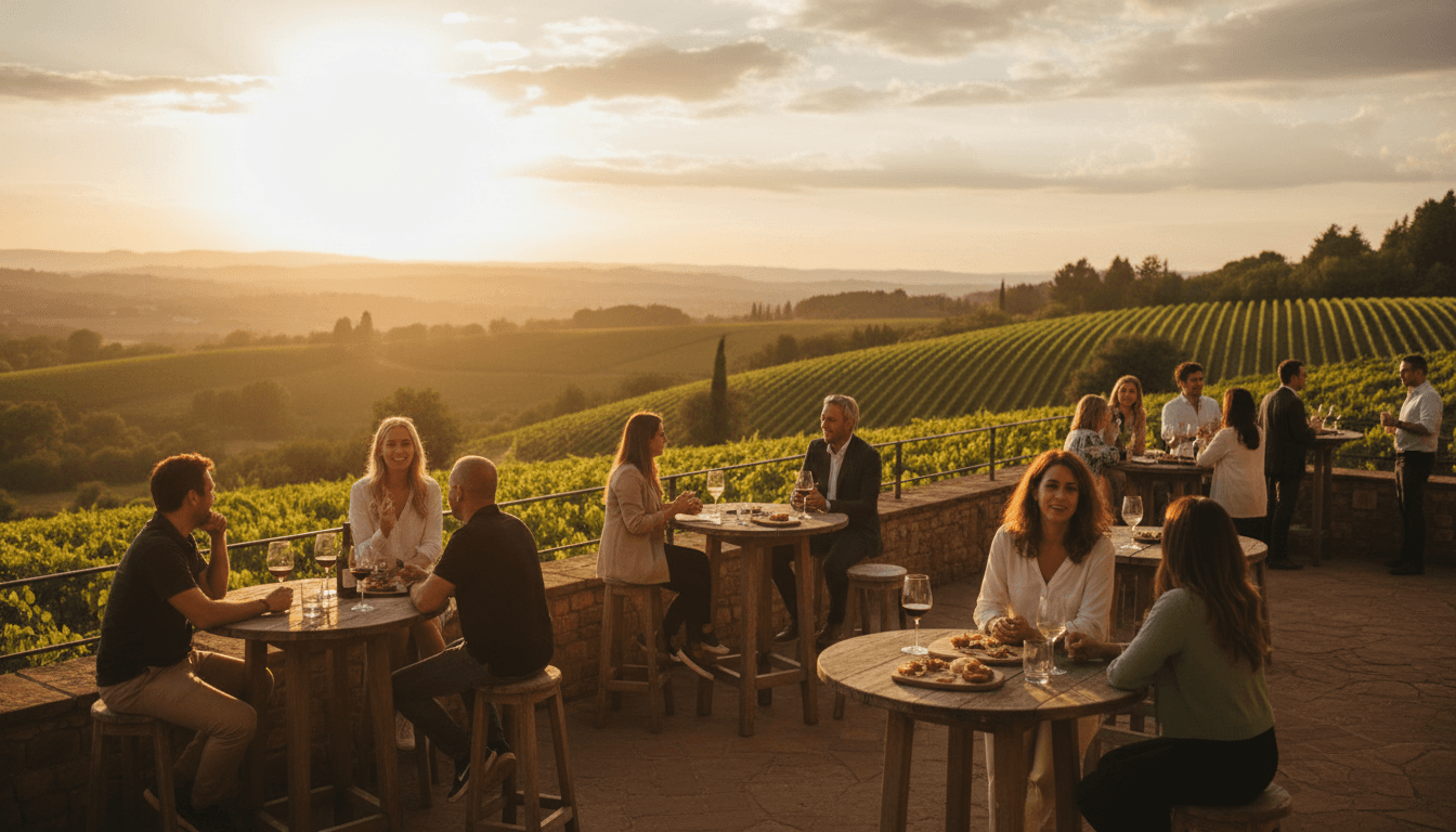 Vineyard terrace with guests gathered at high-top tables overlooking rolling hills