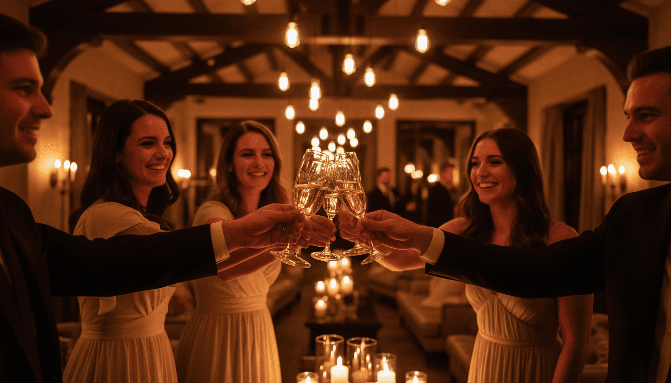 Guests toasting with champagne in warm indoor venue lighting