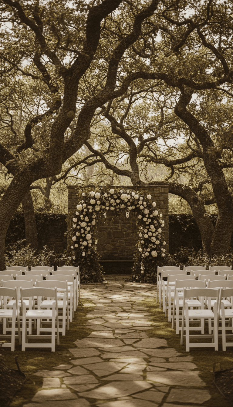 Garden wedding ceremony site with oak trees