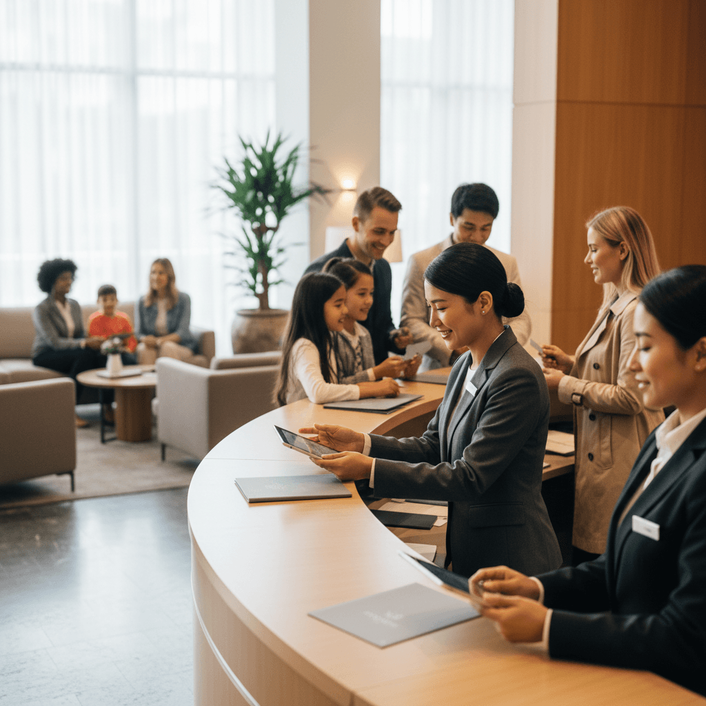 Hotel coordinator distributing welcome materials to group guests