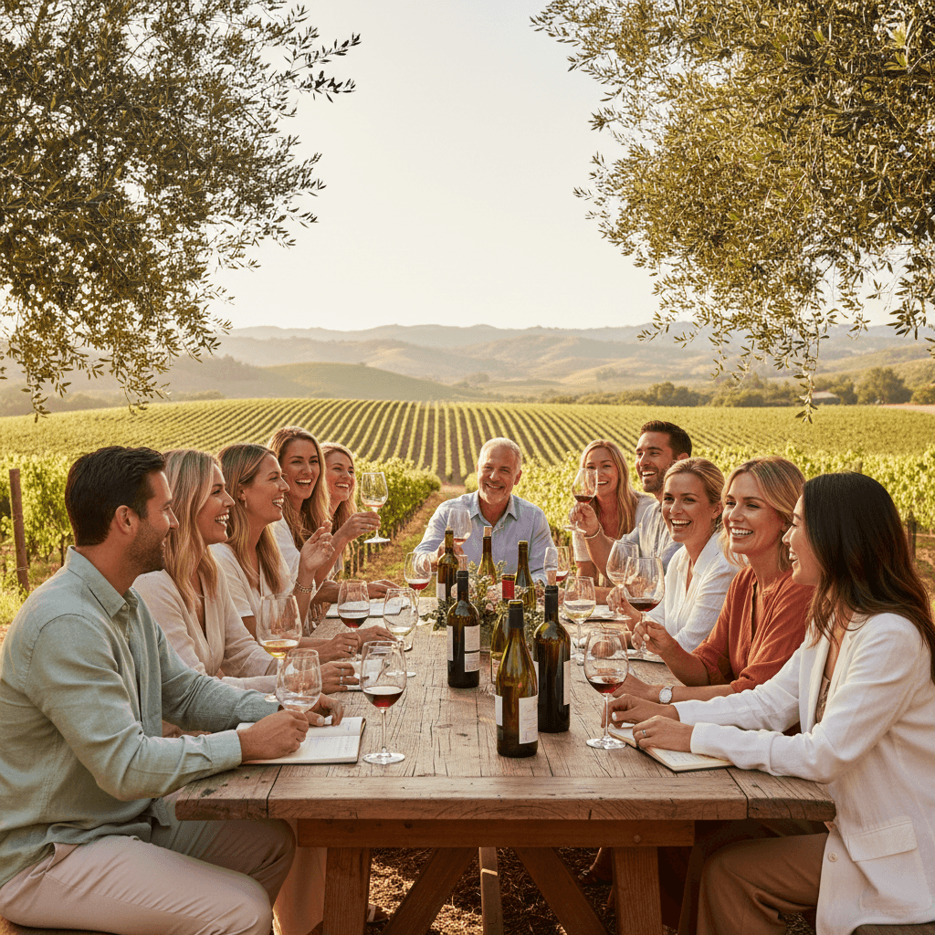 Group of guests enjoying wine tasting experience at Santa Barbara vineyard together
