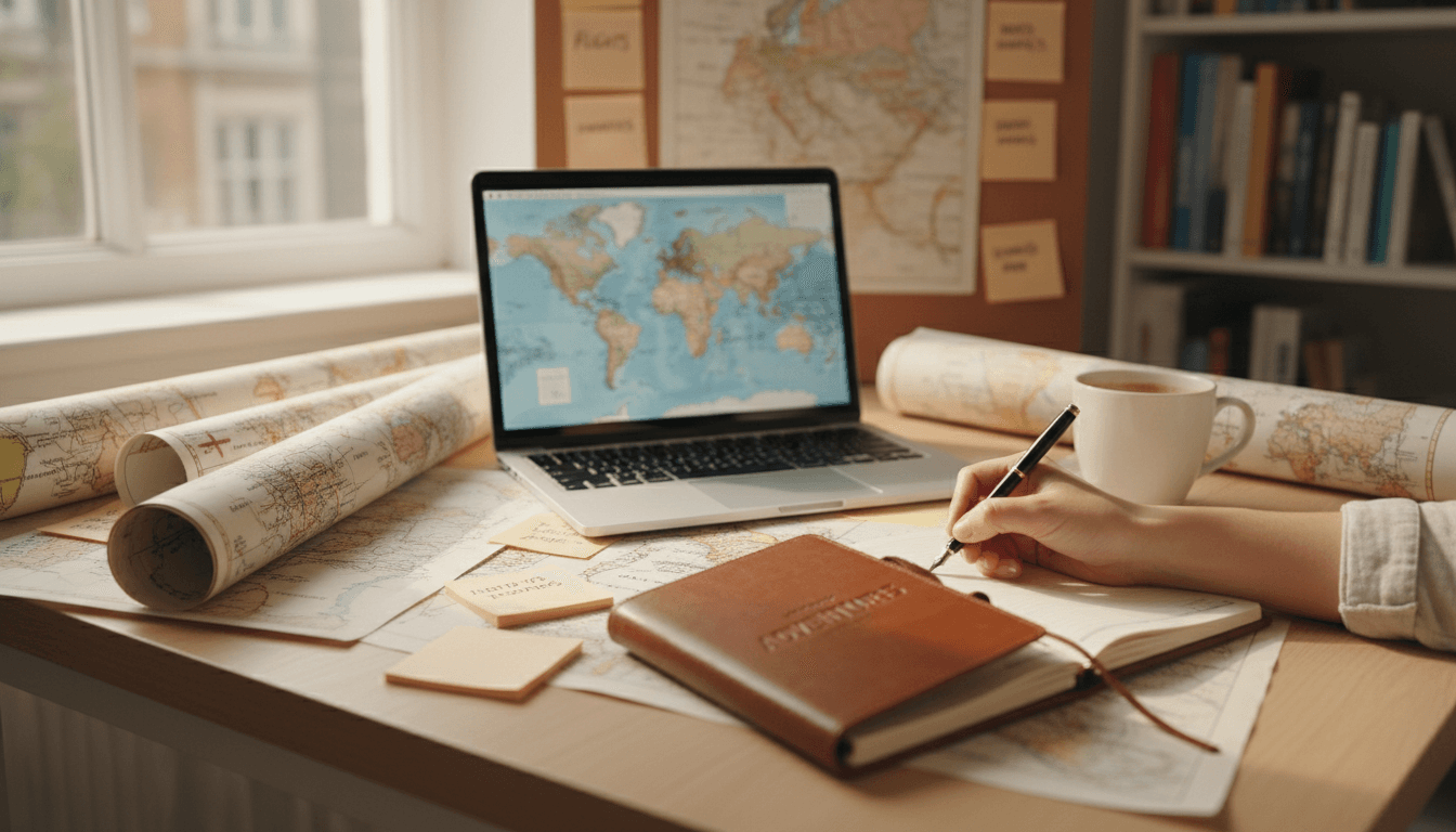 Travel coordinator planning itineraries and guest logistics at a workspace