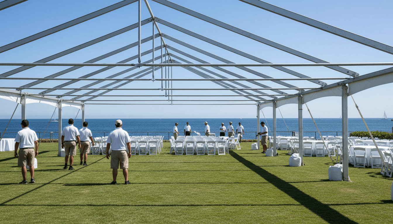 Seaside lawn venue with tent setup and preparation activities in progress