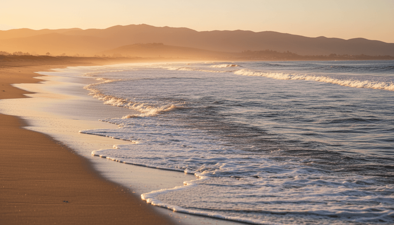 Serene Santa Barbara coastline at golden hour with peaceful waves and wine country hills