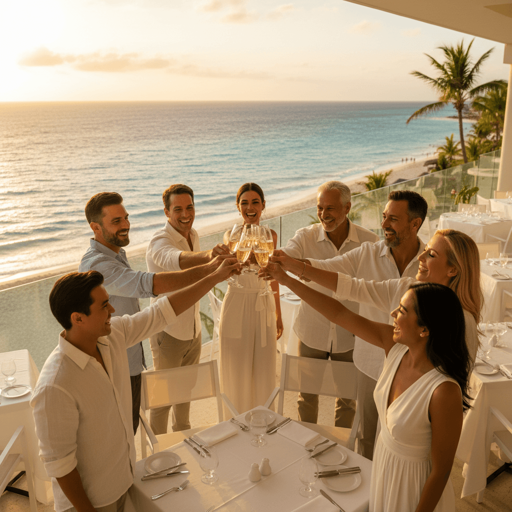 Group toasting at luxury beachfront celebration