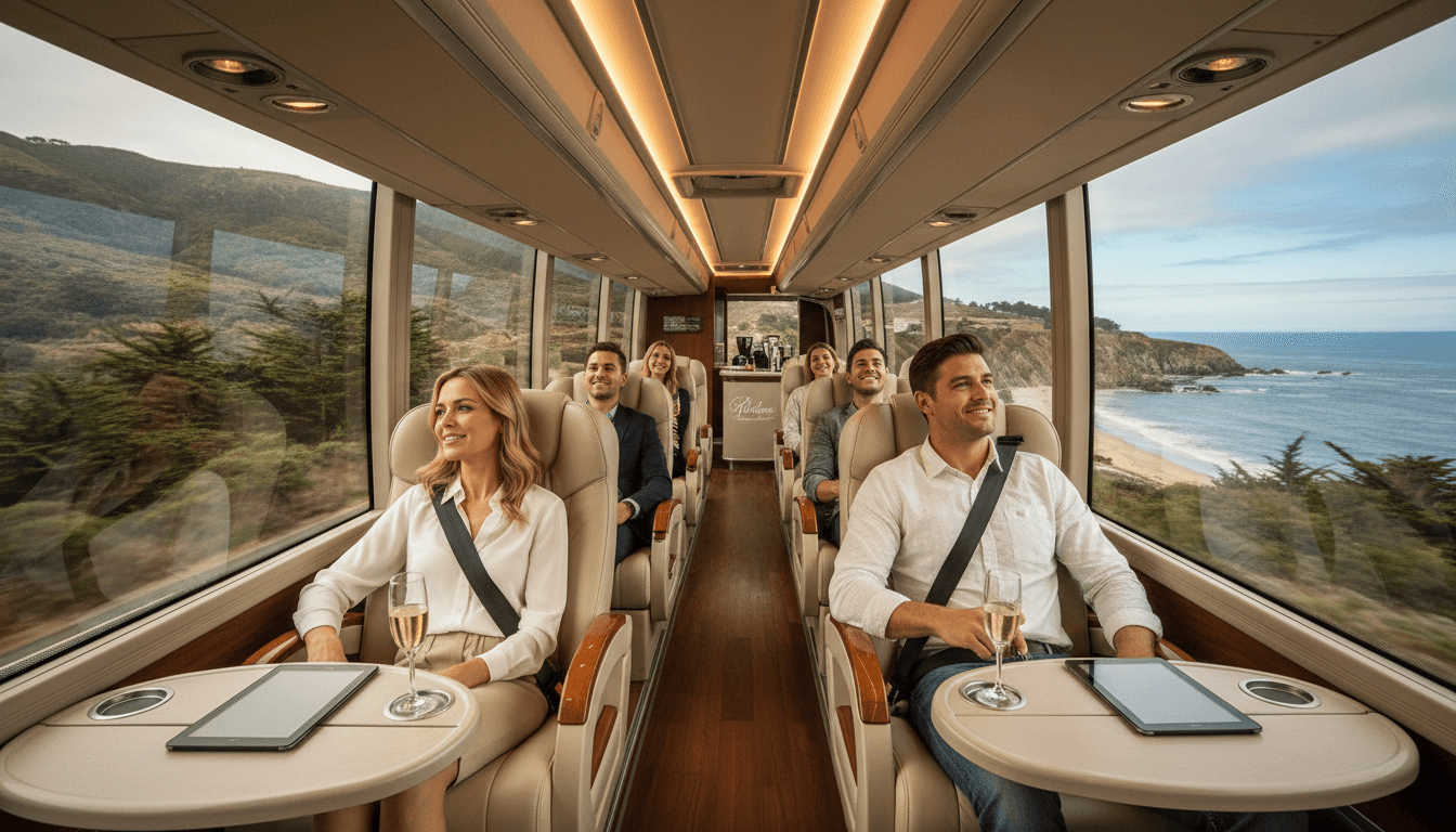 Interior of luxury travel vessel with passengers enjoying coastal views