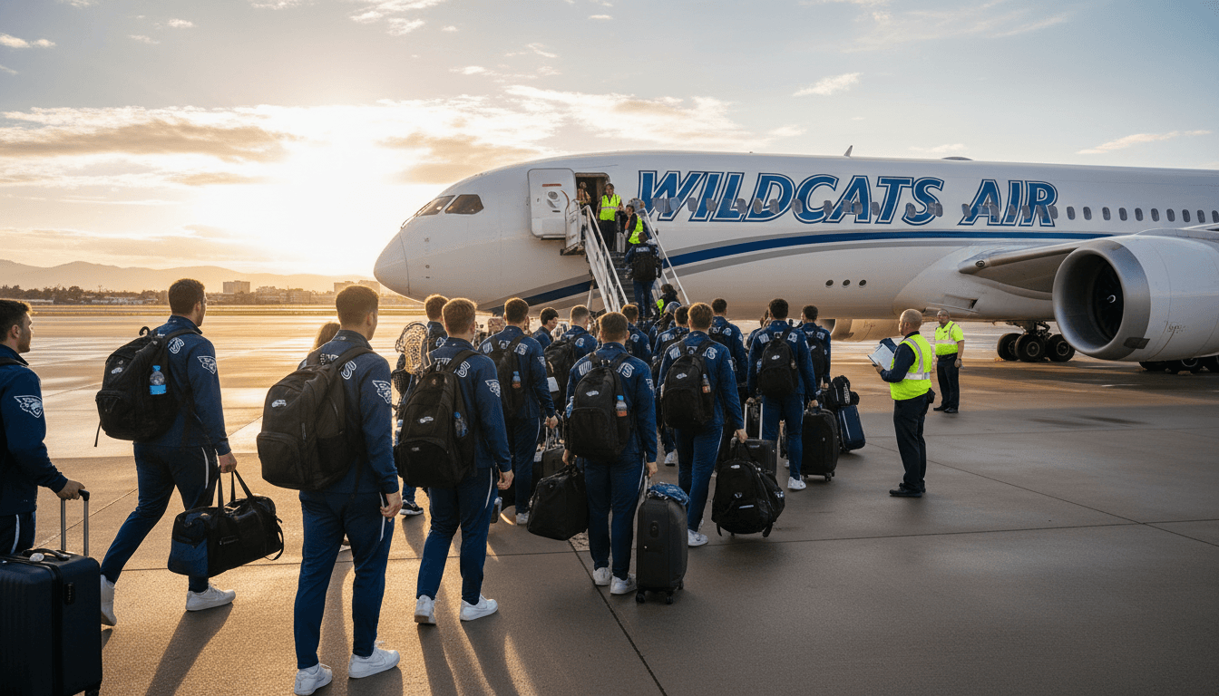 Sports team group boarding flight for destination event