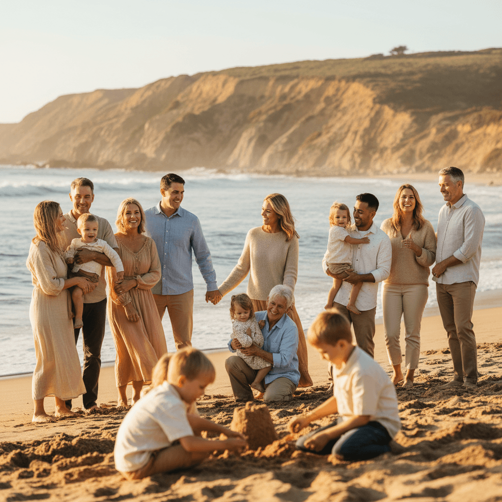 Multi-generational family group gathered together at Santa Barbara beach location