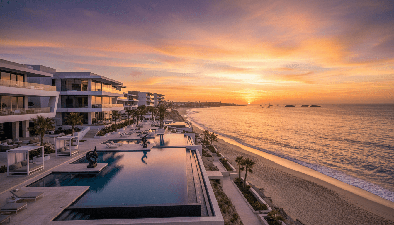 Grand Velas luxury beachfront resort in Los Cabos with ocean view, modern architecture, sunset lighting, elegant pool area