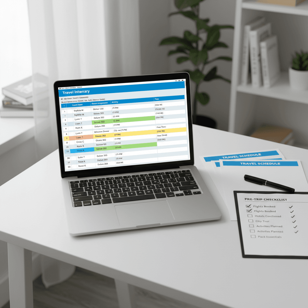 Digital group travel itinerary and guest coordination spreadsheet on laptop