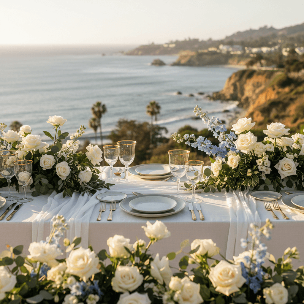 Elegant outdoor dining setup overlooking Santa Barbara coast