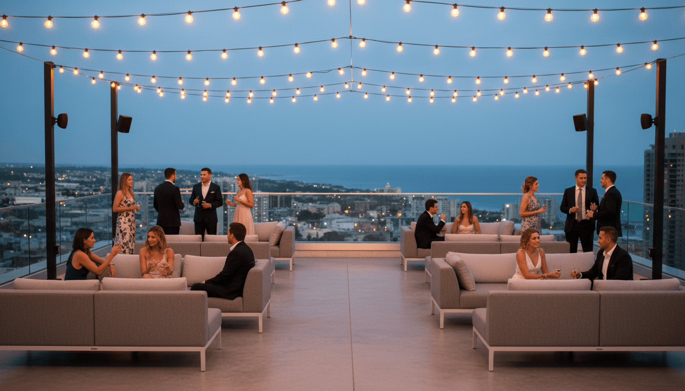 Modern rooftop venue with string lighting and city views