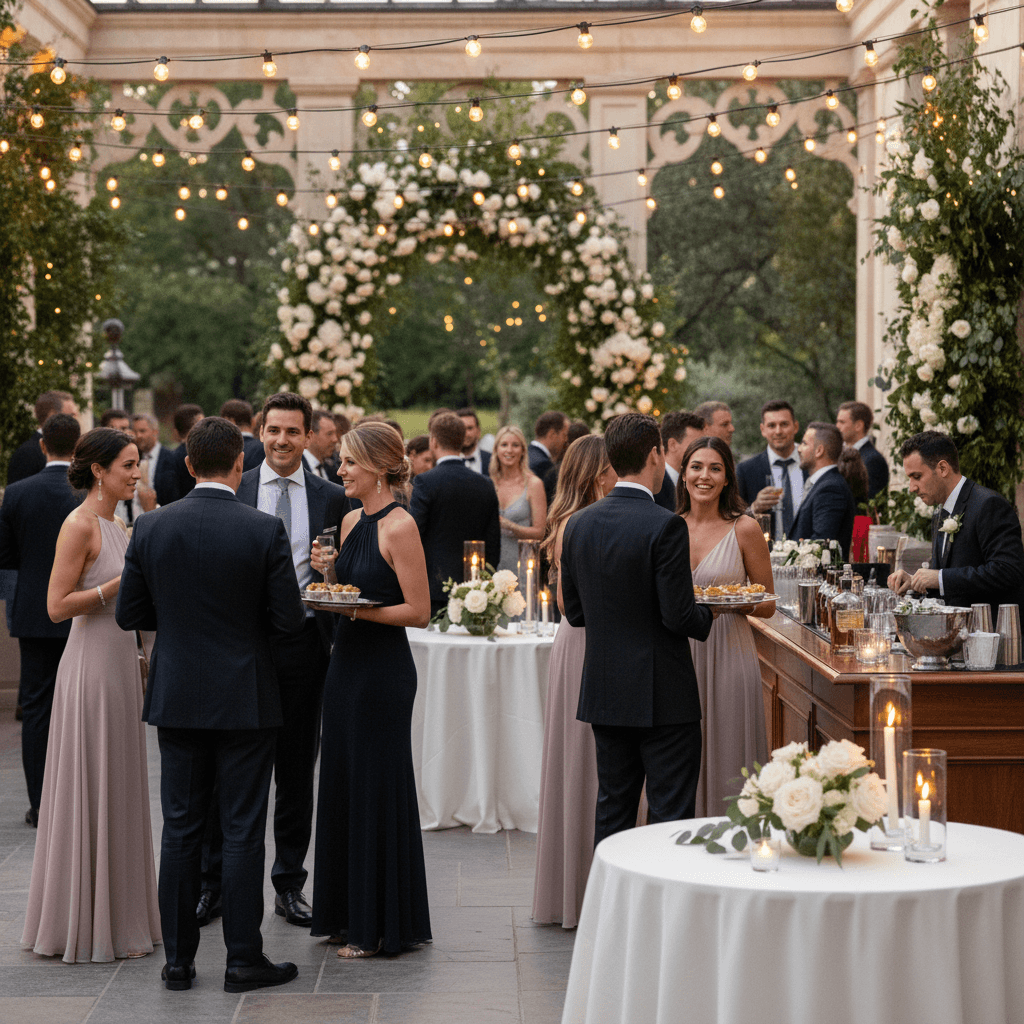 Guests enjoying social moment at elegant wedding reception