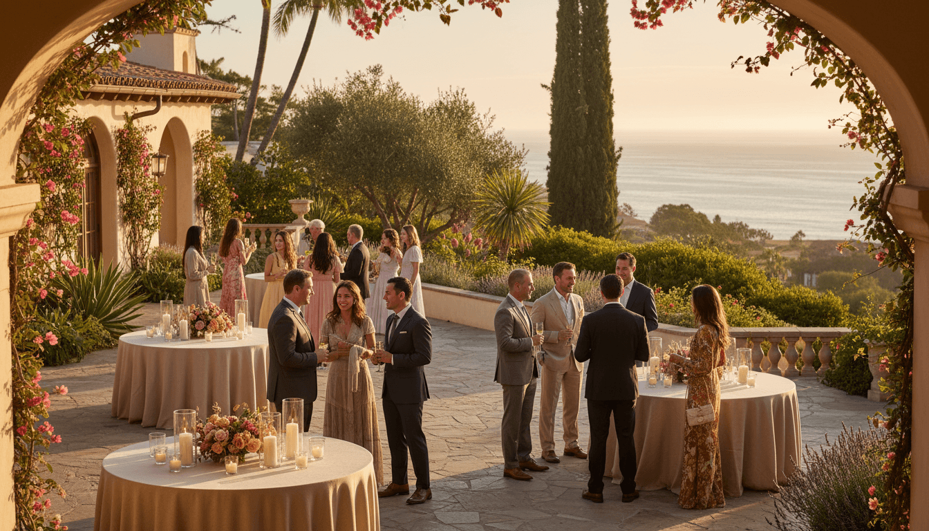 Outdoor Santa Barbara wedding venue with guests celebrating