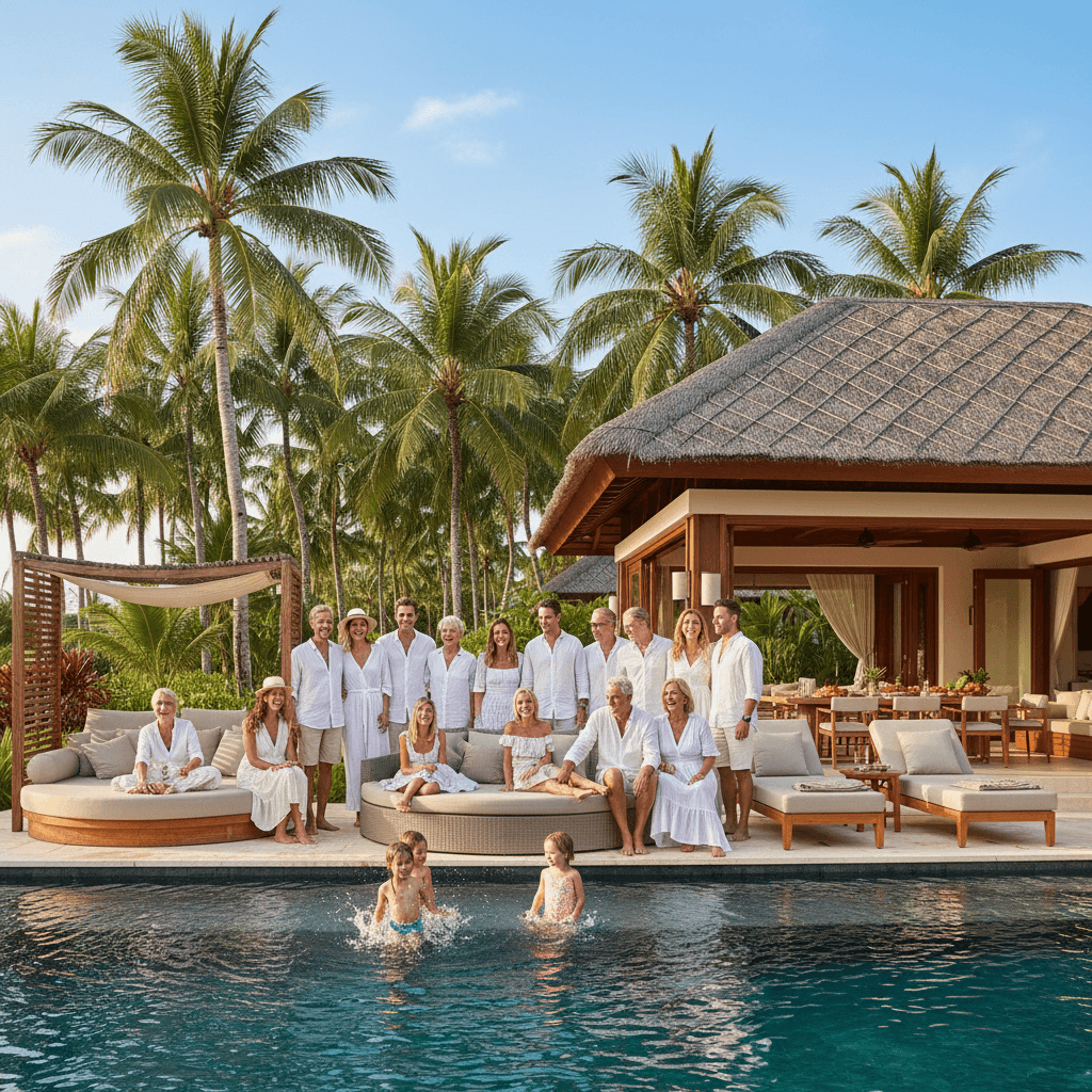 Extended family relaxing together at a resort villa