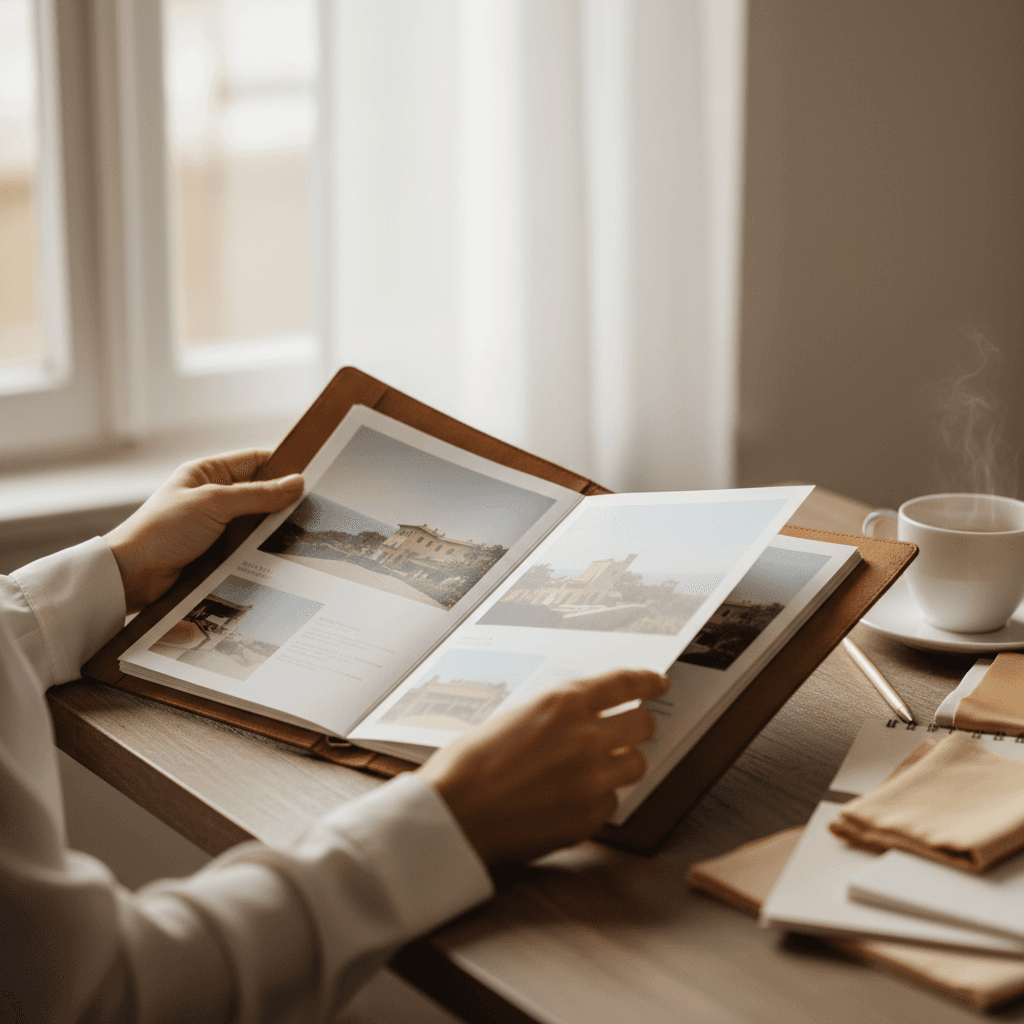 Wedding planner reviewing venue options in portfolio