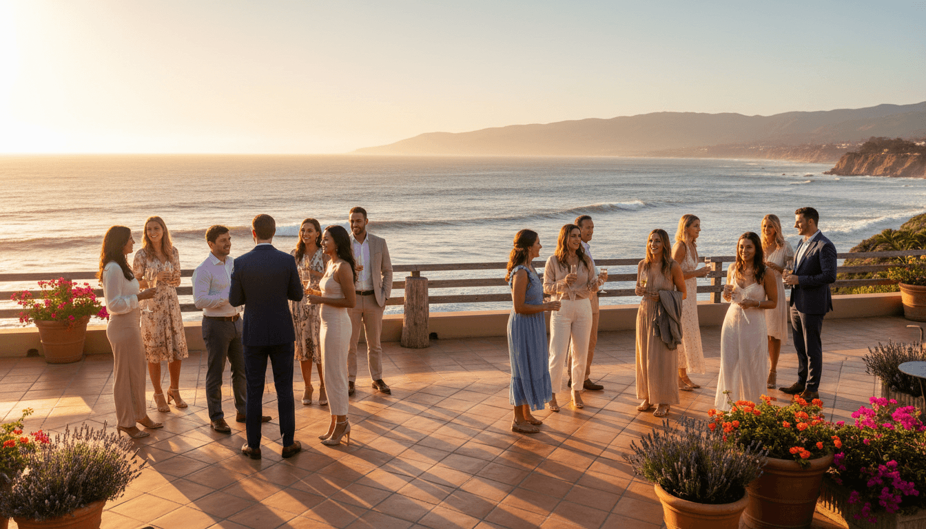 Group of guests celebrating together on a Santa Barbara terrace at sunset