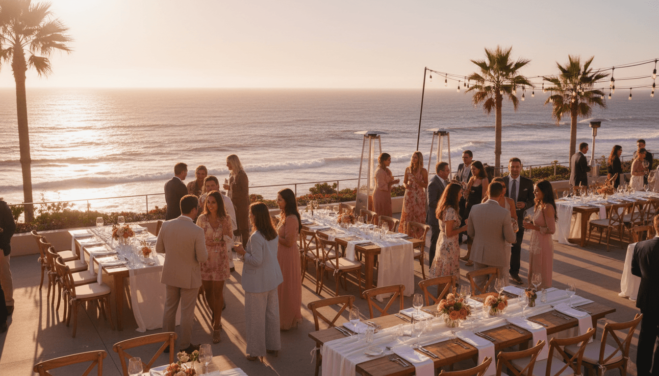 Guests enjoying an elegant outdoor event at a Santa Barbara venue with ocean views at sunset