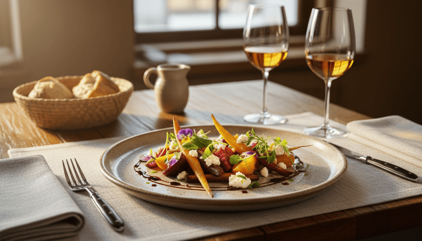 Artfully plated first course on elegant table setting