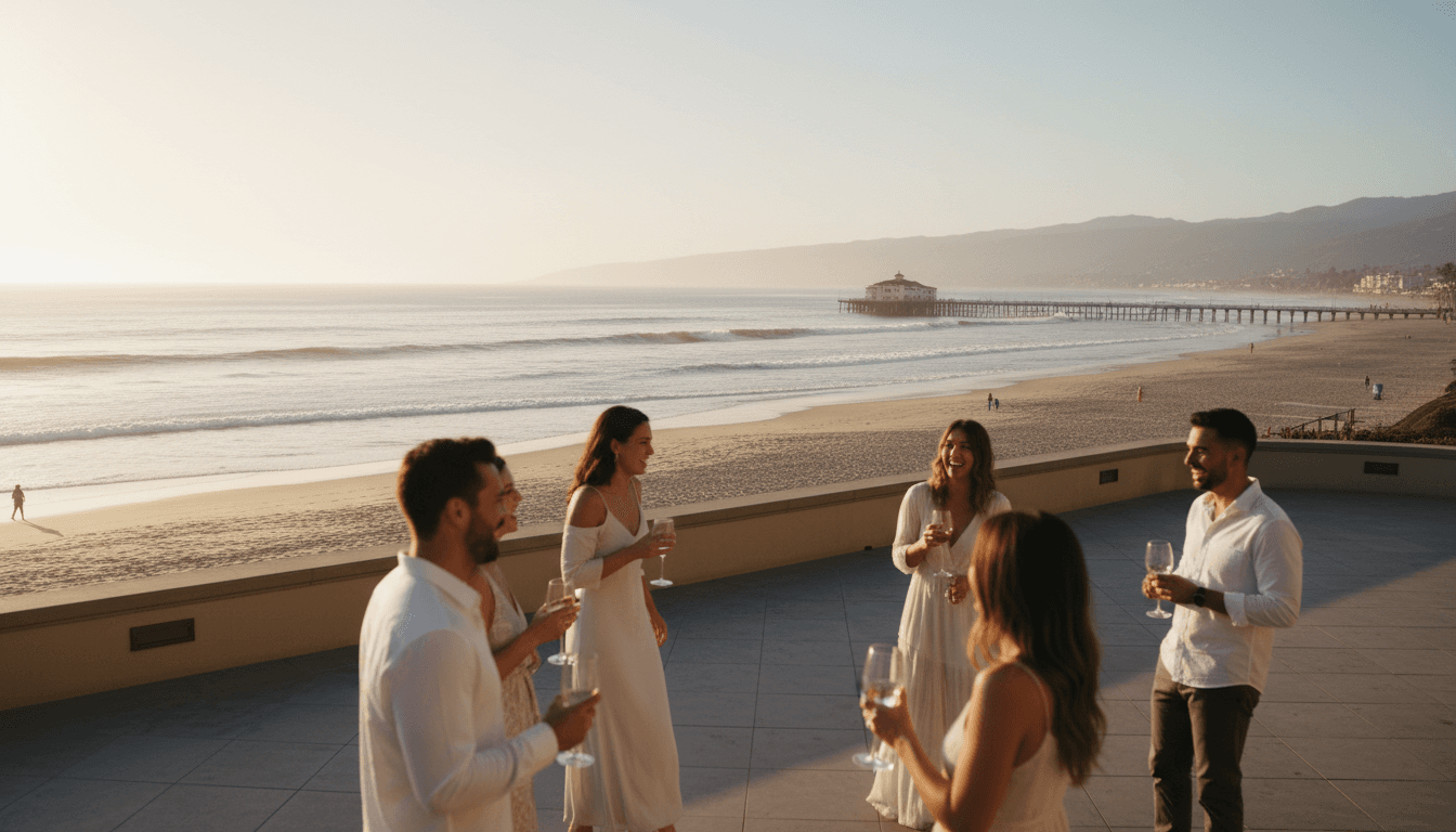 Small group of guests enjoying sunset gathering on Santa Barbara coastal terrace with ocean view