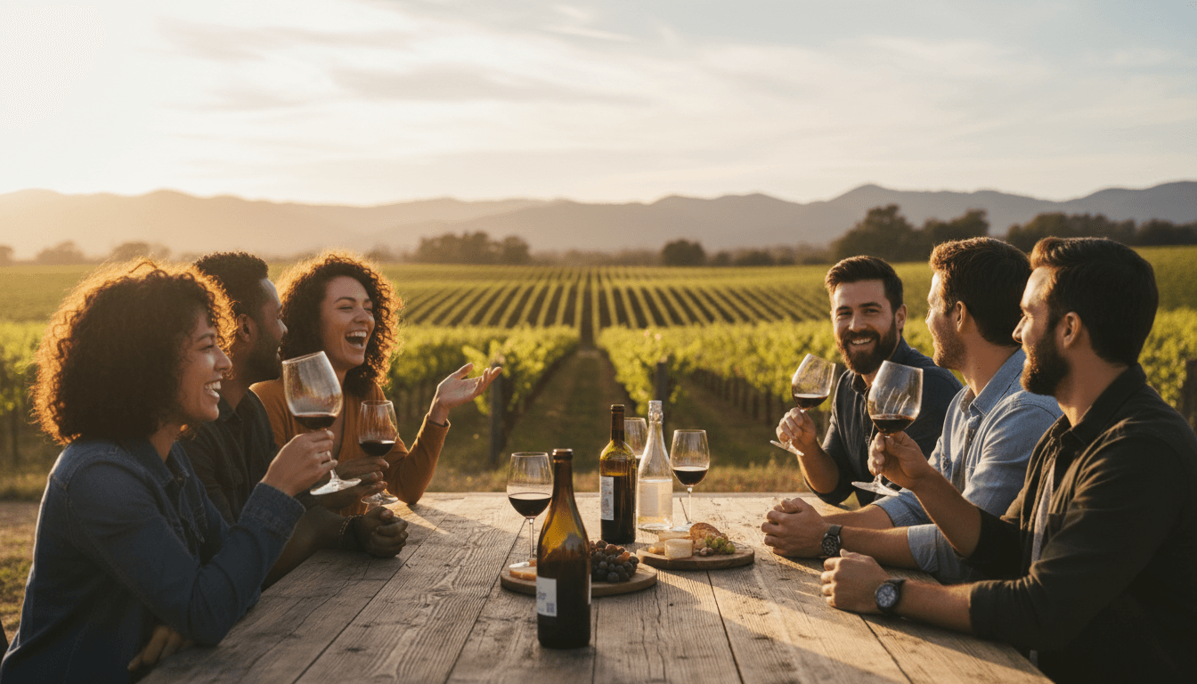 Group enjoying wine tasting experience at a Santa Barbara vineyard