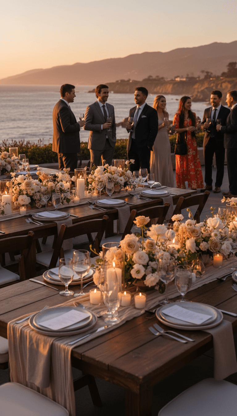 Wedding reception overlooking the Santa Barbara coast at sunset