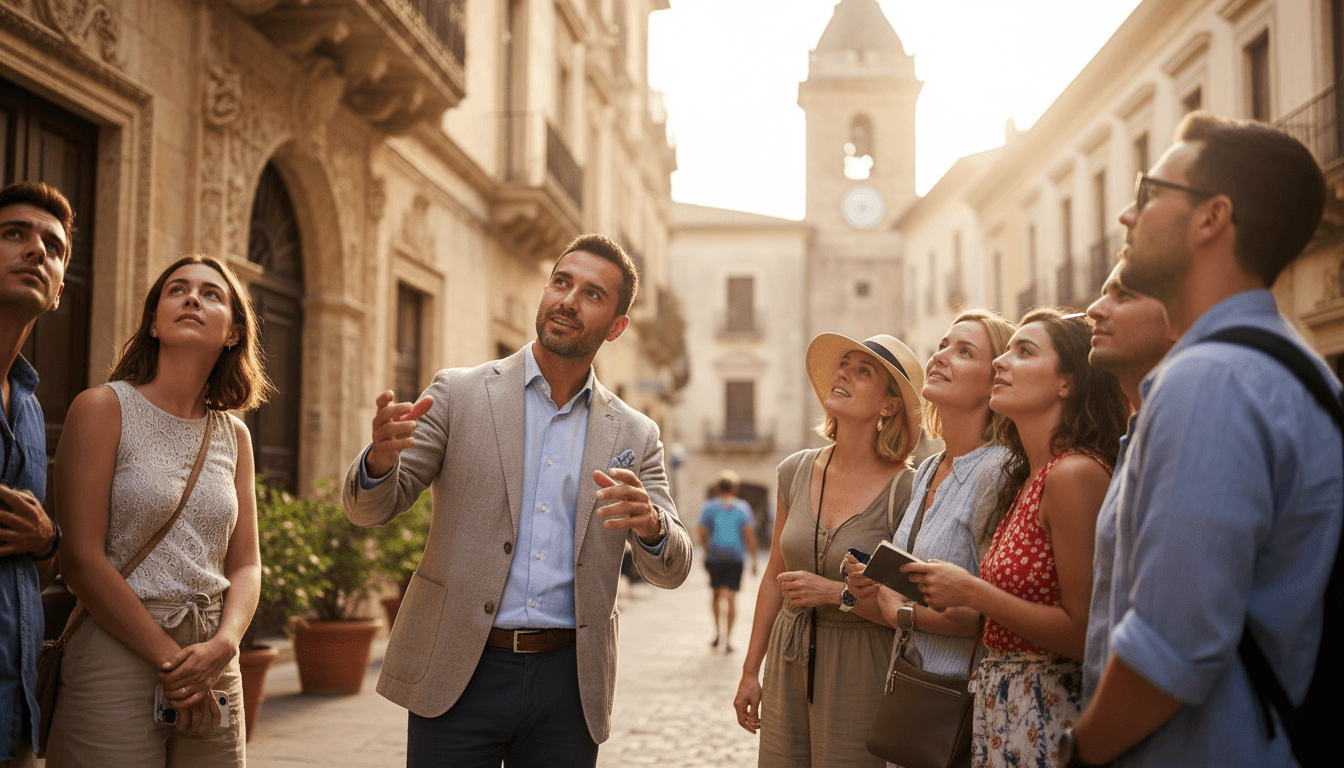 Professional tour guide gesturing toward historic architecture while explaining to diverse group of engaged international tourists on Mediterranean street