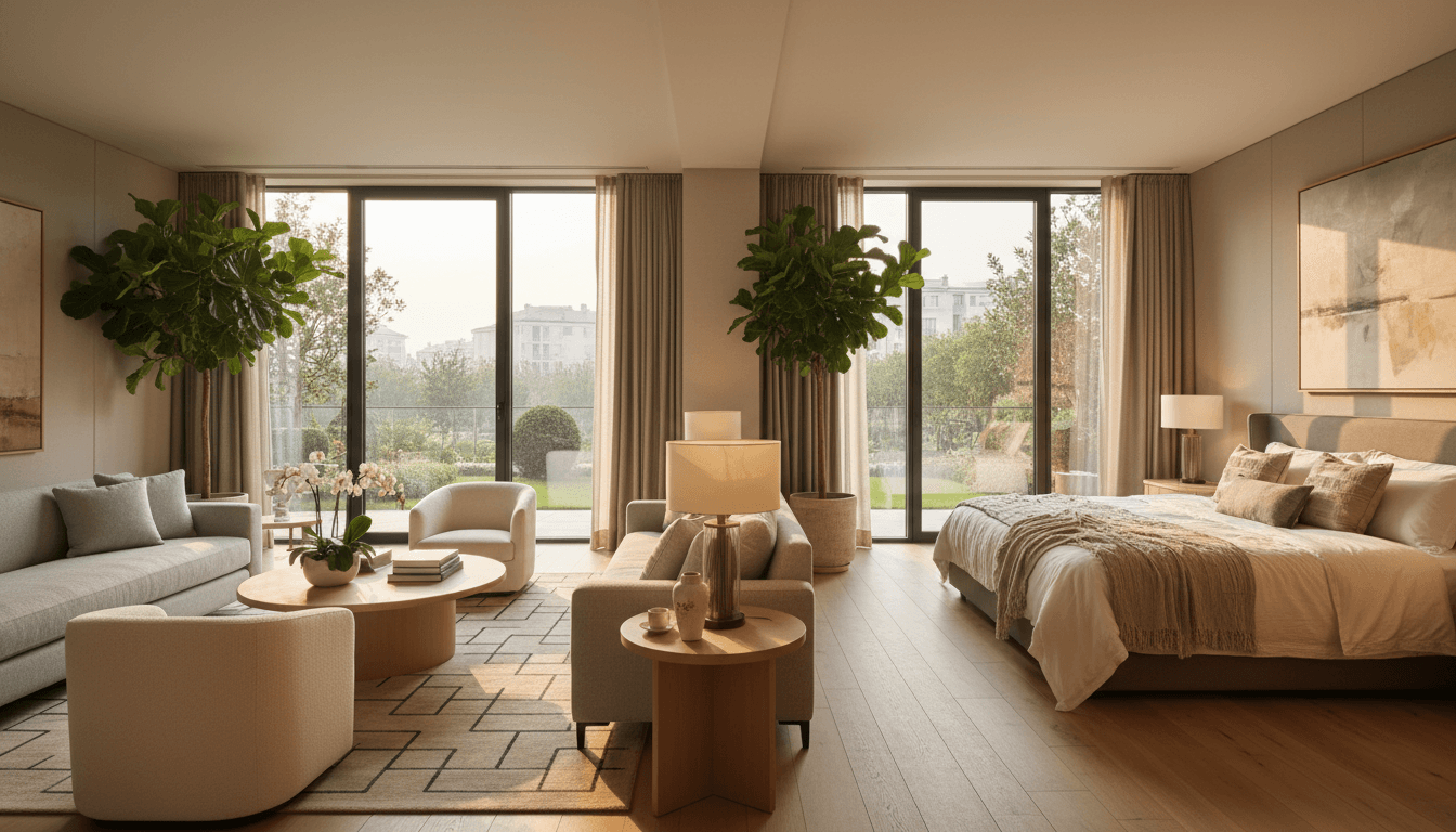 Sophisticated residential suite combining living and sleeping areas with city views, contemporary furnishings, and natural afternoon light