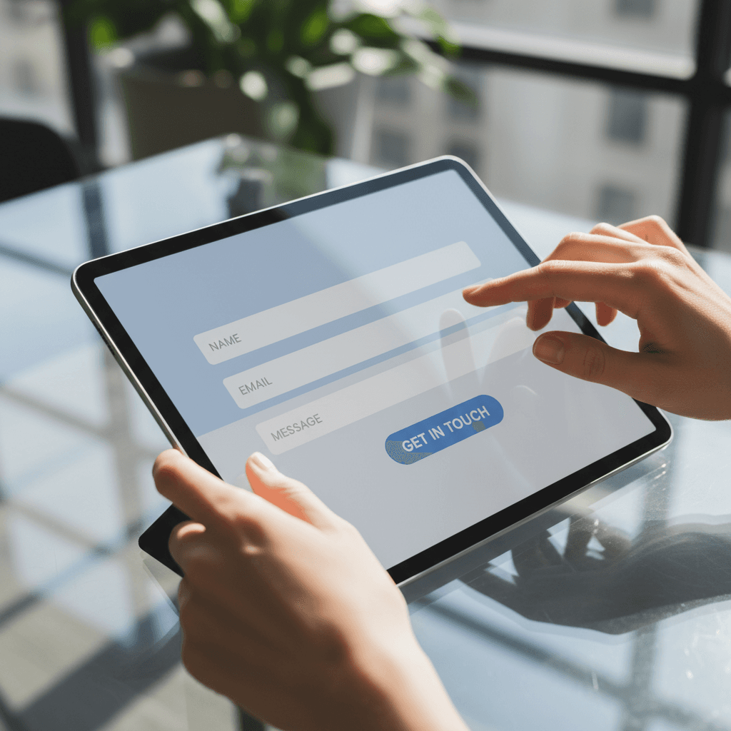 Designer's hands on tablet displaying minimalist contact capture form with blue interface and input fields