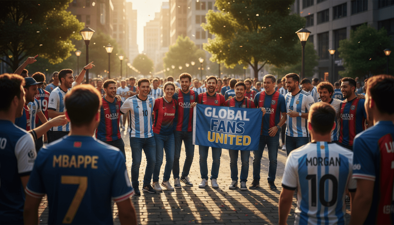 Diverse group of fans wearing personalized football jerseys in outdoor urban setting during golden hour, displaying custom names and numbers