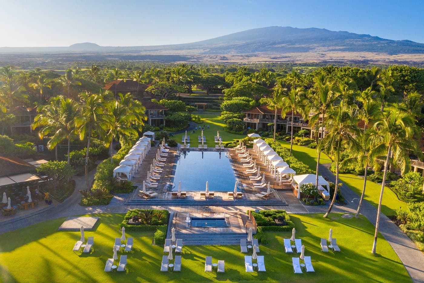 Aerial view of a luxury pool with white umbrellas, palm trees, and a mountain backdrop.